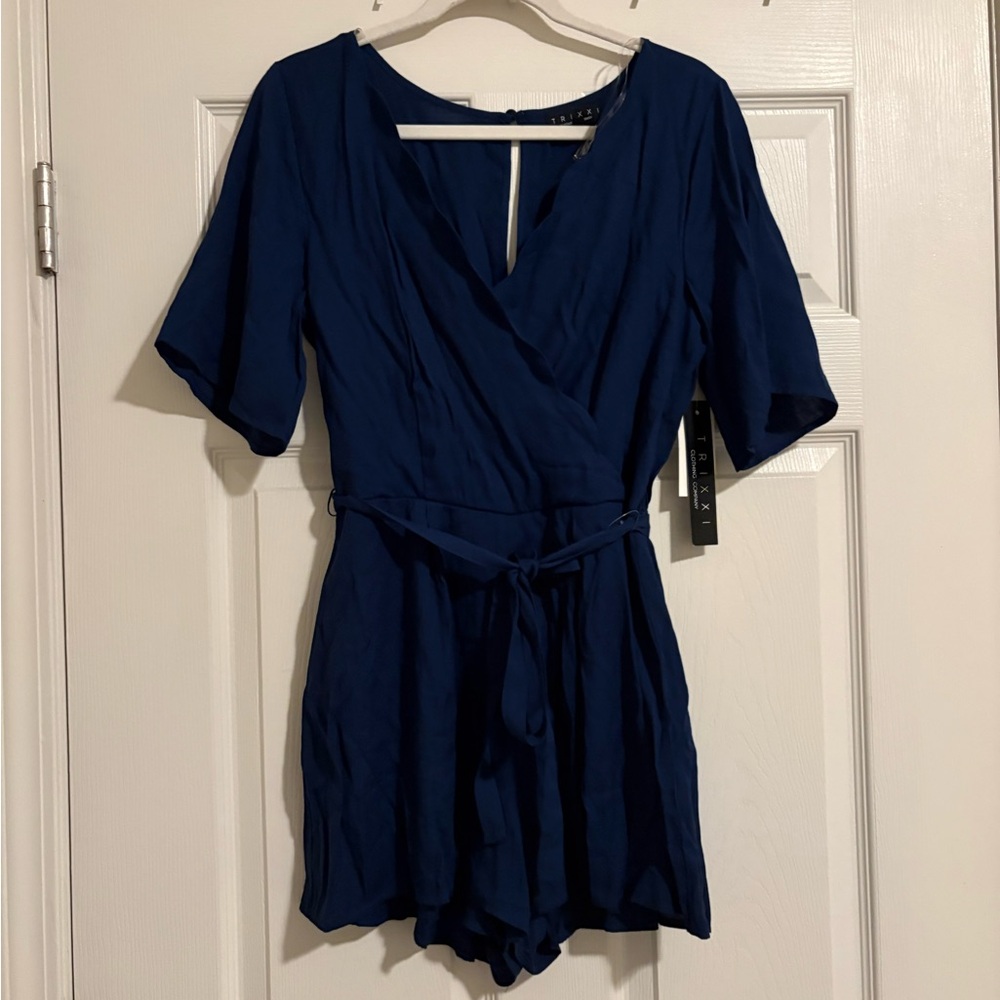 Navy Blue Wrap Romper with Waist Tie